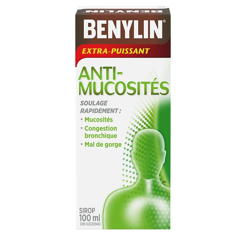 Benylin Extra-puissant, Anti-mucosités plus antitussif, Jour, soulage les mucosités et la toux sèche, sirop 100 ml