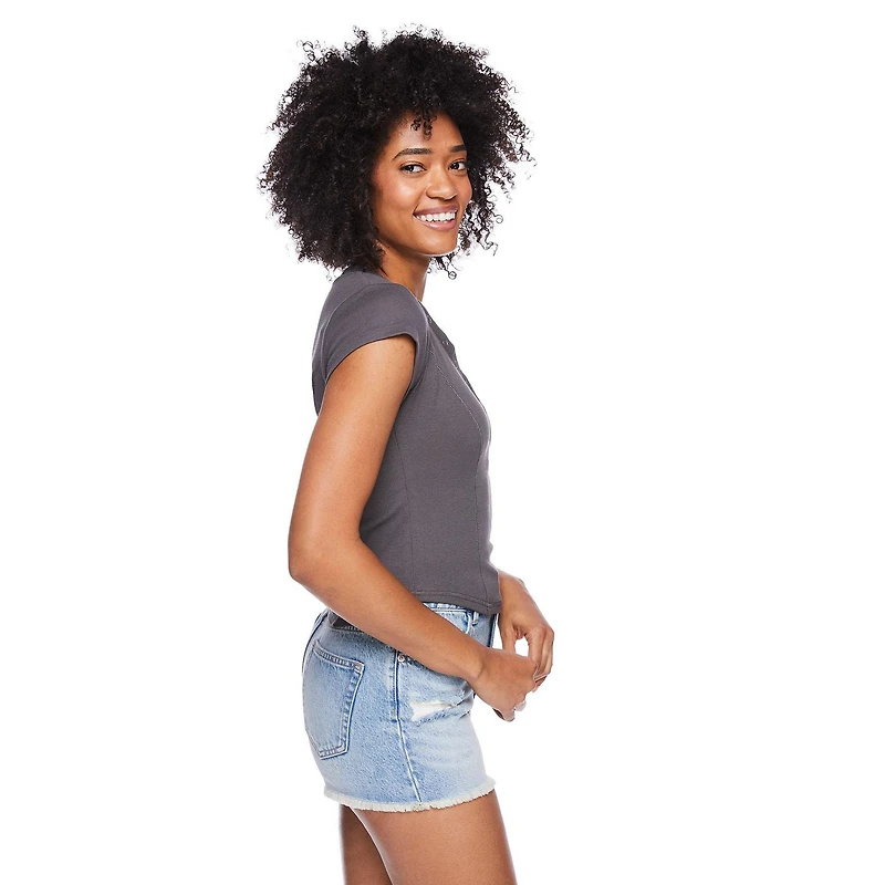 No Boundaries Women's Rib Henley Tee