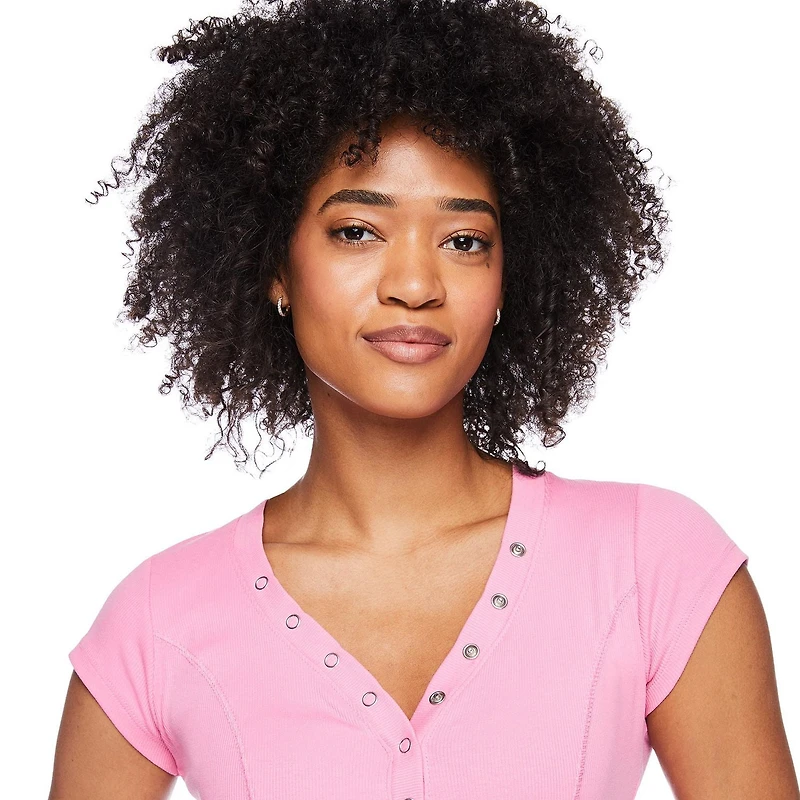 No Boundaries Women's Rib Henley Tee