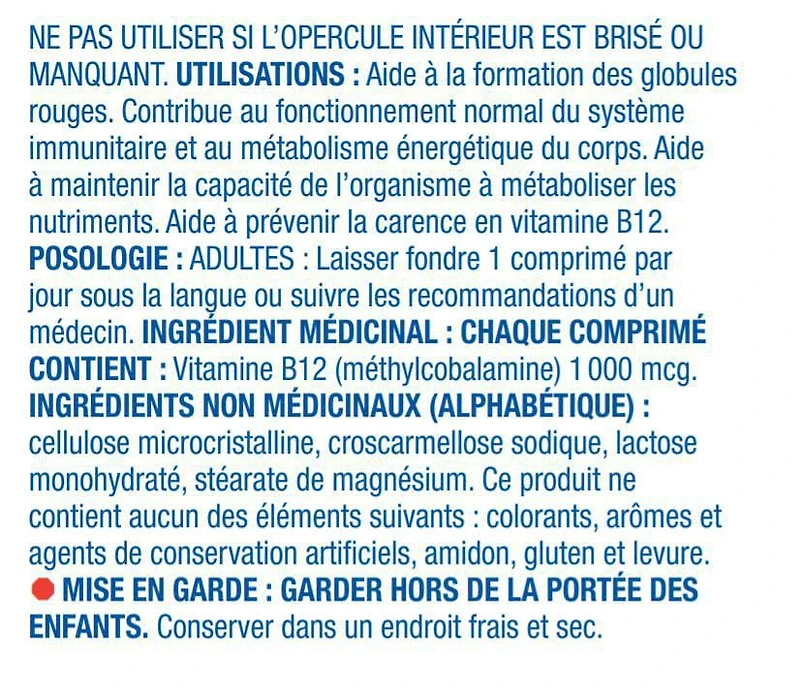 Equate vitamine B12 1000mcg dissolution rapide