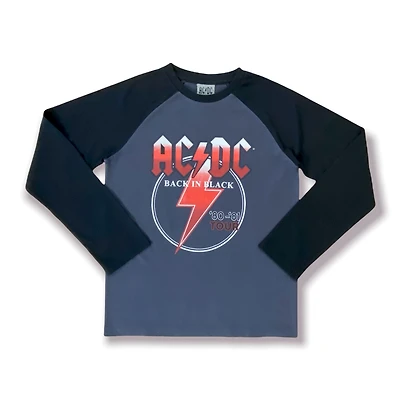 AC/DC Boys raglan tee. This boys long sleeve raglan tee shirt has a crew neck and can be worn with their favorite jeans and