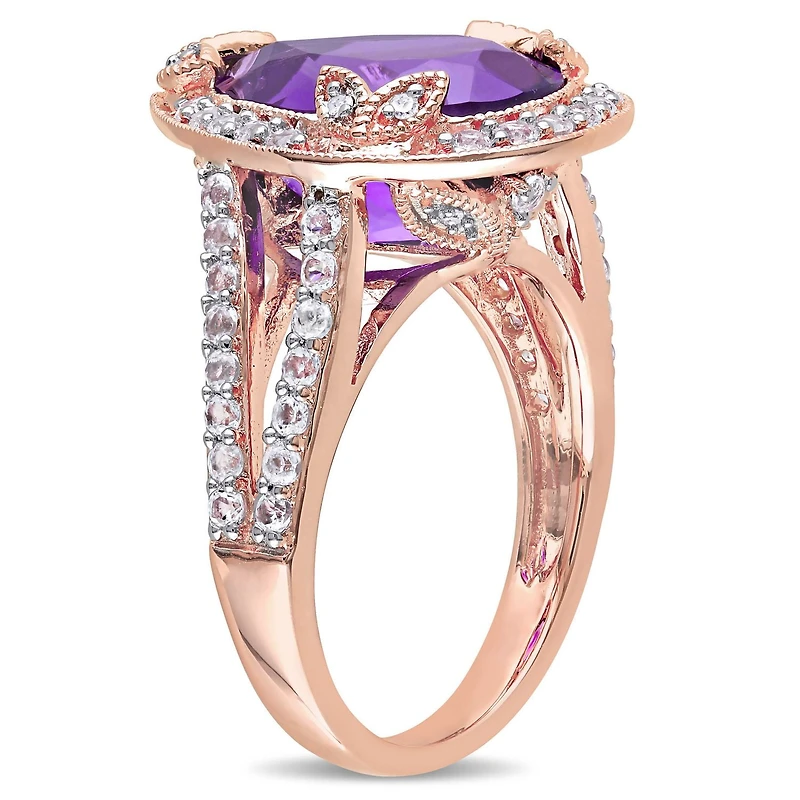 Bague cocktail en forme de larme Tangelo avec améthyste et topazes blanches 5,88 ct PBT et accents de diamants en argent sterling plaqué de rhodium rose