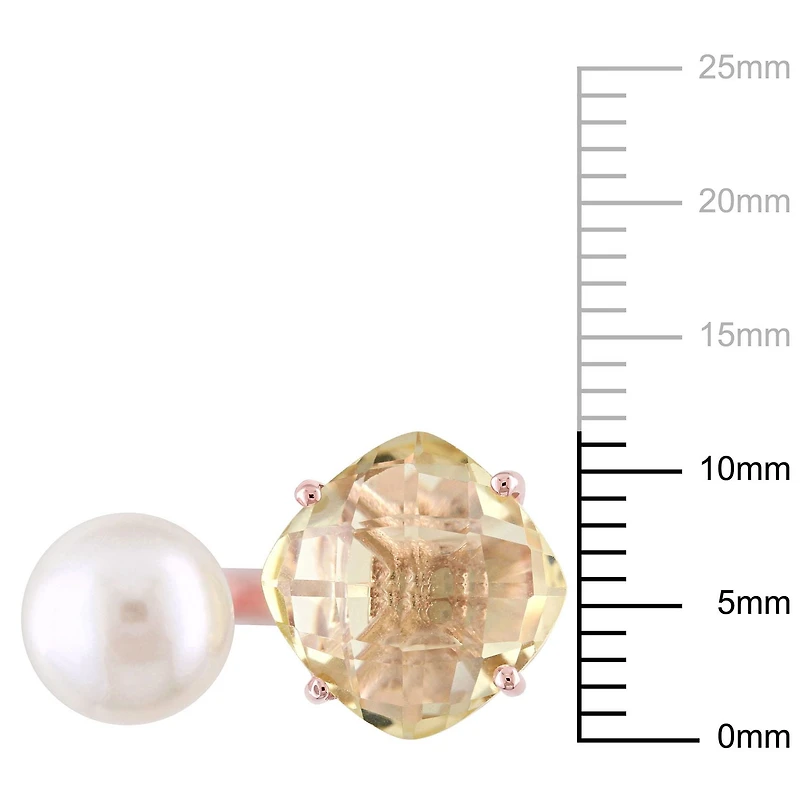 Tangelo 8-8.5mm White Round Freshwater Cultured Pearl and 0.75 Carat T.G.W Lemon Quartz Rose Rhodium-Plated Sterling Silver Ring