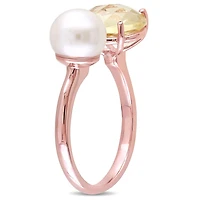 Tangelo 8-8.5mm White Round Freshwater Cultured Pearl and 0.75 Carat T.G.W Lemon Quartz Rose Rhodium-Plated Sterling Silver Ring