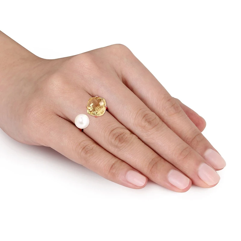 Tangelo 8-8.5mm White Round Freshwater Cultured Pearl and 0.75 Carat T.G.W Lemon Quartz Rose Rhodium-Plated Sterling Silver Ring
