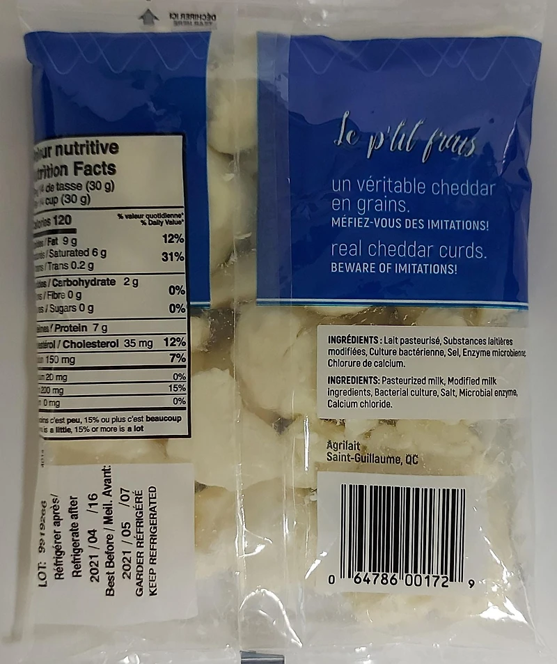 Fromagerie St-Guillaume 31% M.F. Le P'tit Frais Cheddar Curds Cheese 125g, Fresh curd cheese 125 g