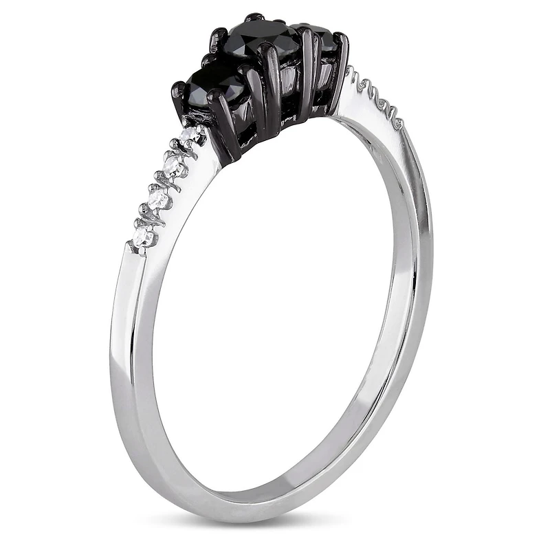 Bague de fiançailles à trois pierres de avec diamants noirs et blancs 0,50 ct poids total en or blanc 10 k