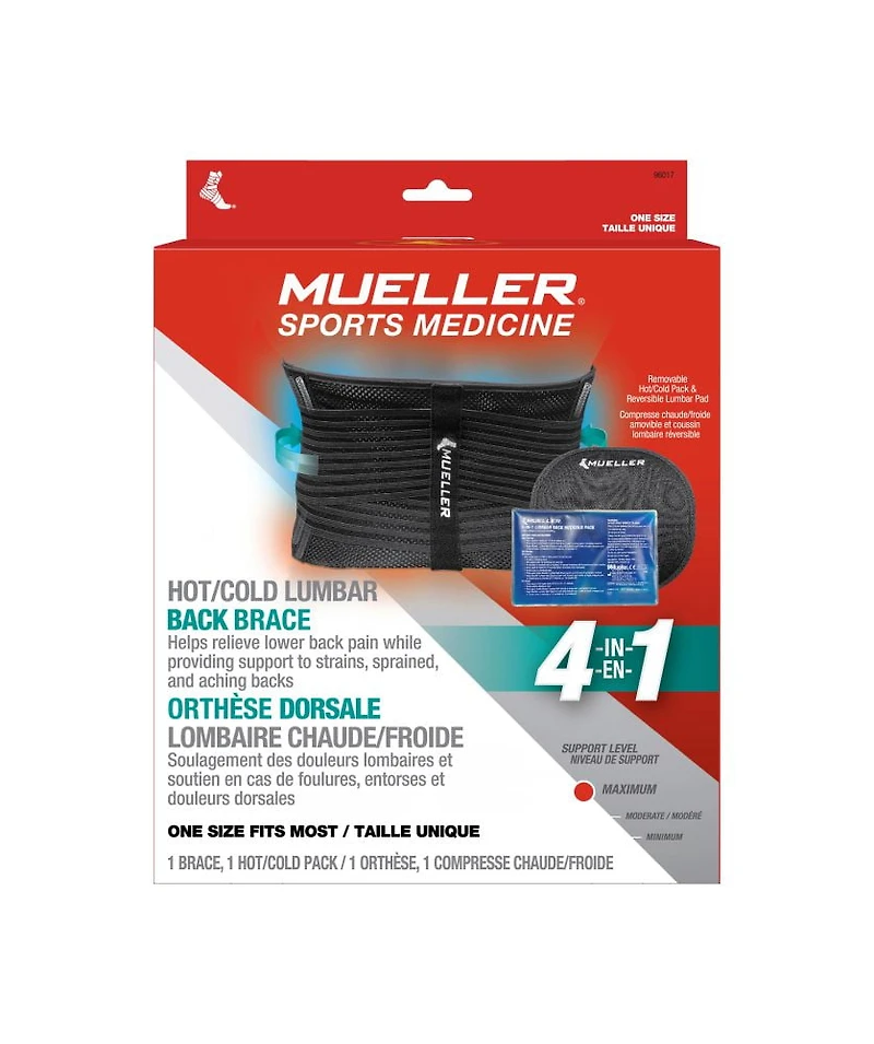 Mueller Lumbar 4-in-1 Back Brace with Hot/Cold Pack, One Size Fits Most