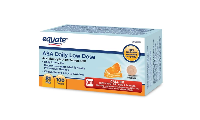 Equate Asa 81 mg  Orange Flavour Chewable Tablets, 100 Tablets