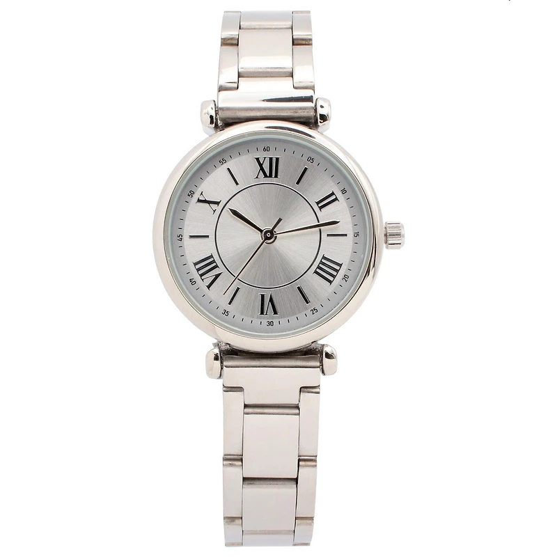 Women’s Silver-Tone Quartz Watch with Roman Numerals and Metal Link Bracelet, Ladies Fashion Watch