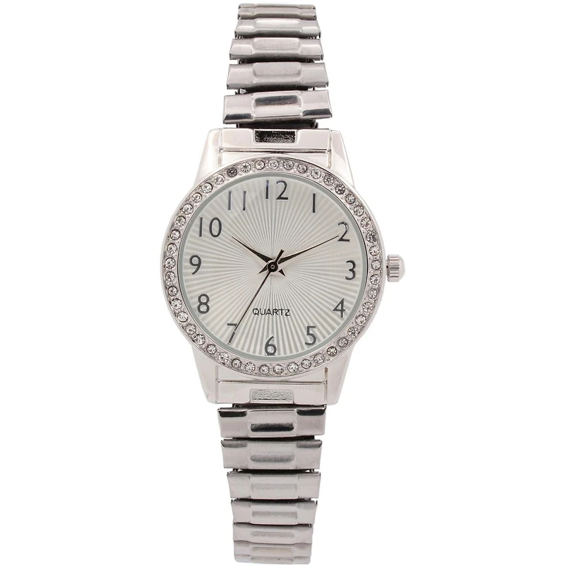 Women’s Silver-Tone Quartz Watch with Crystal Bezel and Textured Dial, Ladies Fashion Watch