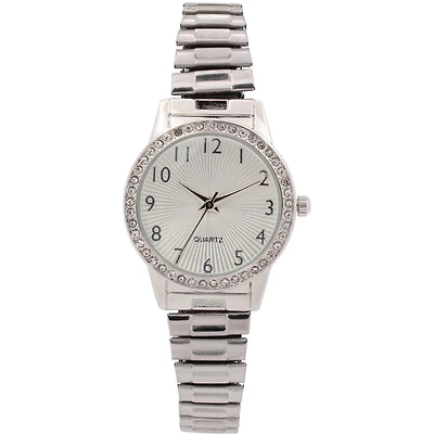 Women’s Silver-Tone Quartz Watch with Crystal Bezel and Textured Dial, Ladies Fashion Watch