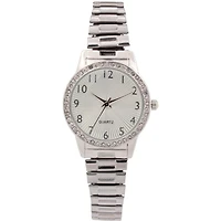 Women’s Silver-Tone Quartz Watch with Crystal Bezel and Textured Dial, Ladies Fashion Watch