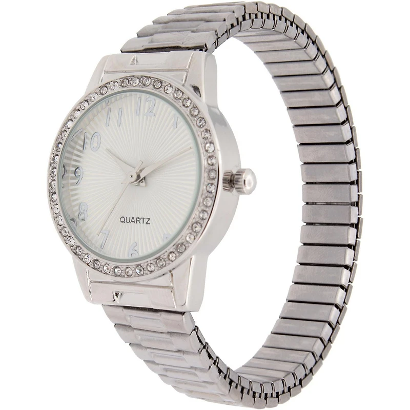 Women’s Silver-Tone Quartz Watch with Crystal Bezel and Textured Dial, Ladies Fashion Watch