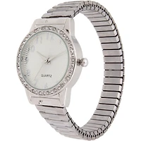 Women’s Silver-Tone Quartz Watch with Crystal Bezel and Textured Dial, Ladies Fashion Watch