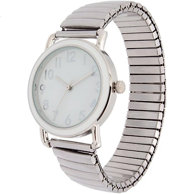 Montre pour femme à mouvement quartz – ton argent avec grand cadran blanc et bracelet extensible