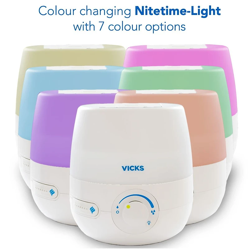 Humidificateur ultrasonique 3-en-1 à vapeur froide, sans filtre + diffuseur + veilleuse NaturalCare VUL530C Vicks