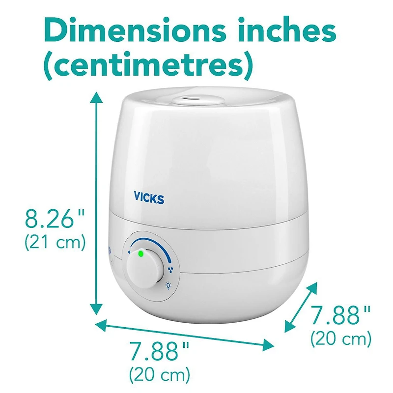 Humidificateur ultrasonique 3-en-1 à vapeur froide, sans filtre + diffuseur + veilleuse NaturalCare VUL530C Vicks