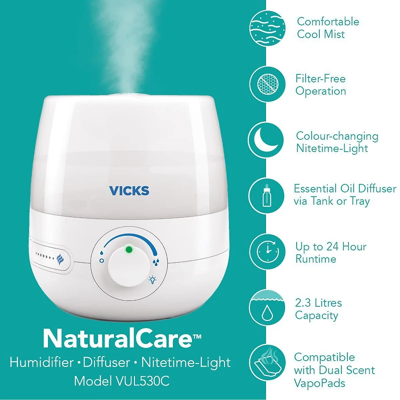 Humidificateur ultrasonique 3-en-1 à vapeur froide, sans filtre + diffuseur + veilleuse NaturalCare VUL530C Vicks