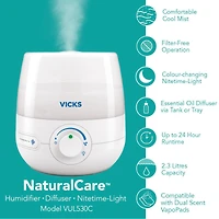 Humidificateur ultrasonique 3-en-1 à vapeur froide, sans filtre + diffuseur + veilleuse NaturalCare VUL530C Vicks