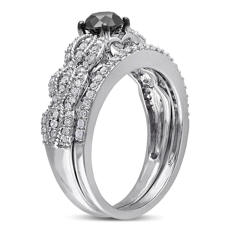 Asteria 1 Carat T.W. Black and White Diamond Sterling Silver Cross-Over Bridal Set