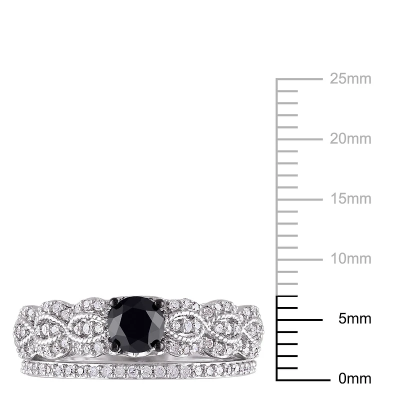 Asteria 1 Carat T.W. Black and White Diamond Sterling Silver Cross-Over Bridal Set