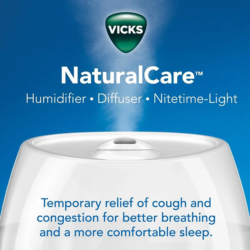 Humidificateur ultrasonique 3-en-1 à vapeur froide, sans filtre + diffuseur + veilleuse NaturalCare VUL530C Vicks