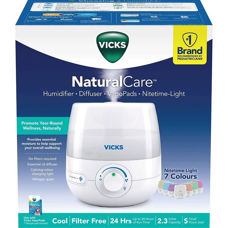 Humidificateur ultrasonique 3-en-1 à vapeur froide, sans filtre + diffuseur + veilleuse NaturalCare VUL530C Vicks