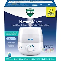 Humidificateur ultrasonique 3-en-1 à vapeur froide, sans filtre + diffuseur + veilleuse NaturalCare VUL530C Vicks