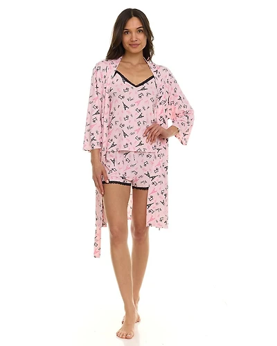 Ensemble pyjama 3 pièces confortable pour femme : peignoir, haut caraco et short – Exclusivité en ligne