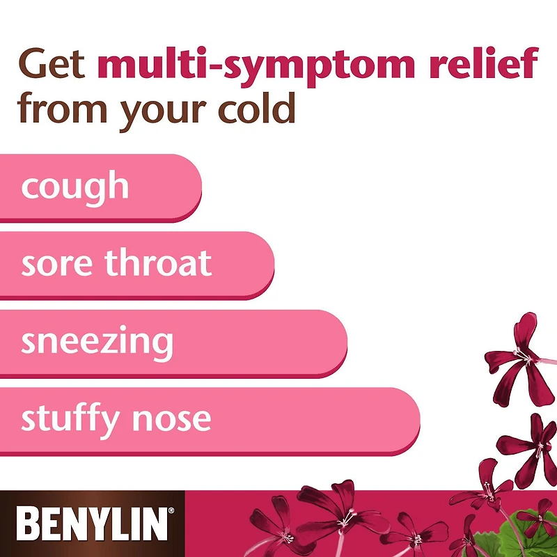 Sirop à base de plantes Benylin Symptômes multiples, antitussif, soulagement du mal de gorge, rhume, Pelargonium sidoides
