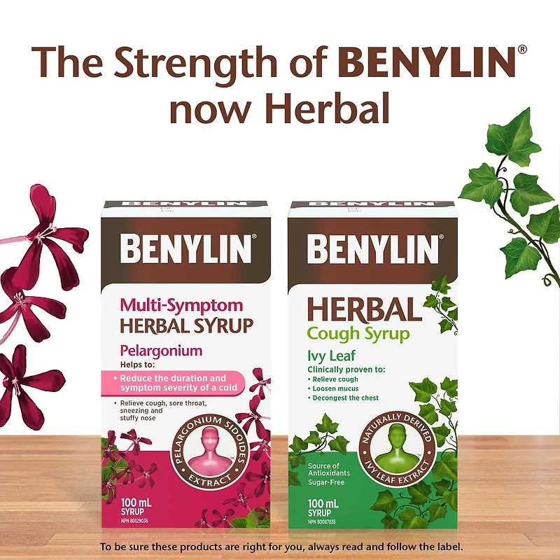 Benylin Multi-Symptom Herbal Syrup, Cough Suppressant, Sore Throat Relief, Common Cold, Pelargonium, Sidoides