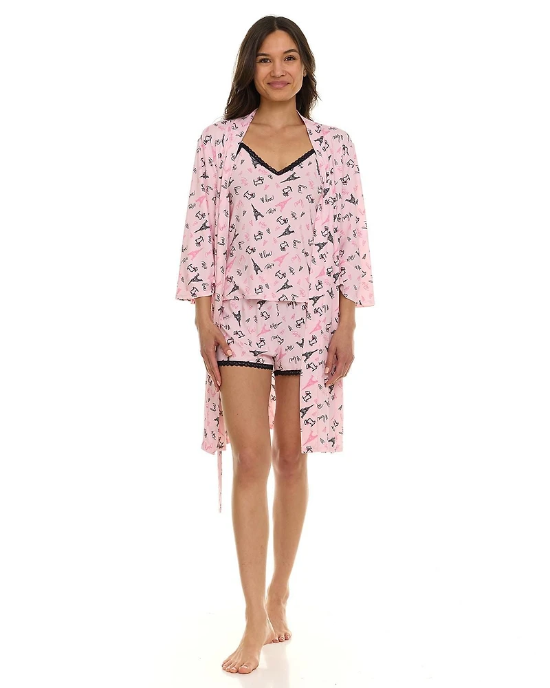 Ensemble pyjama 3 pièces confortable pour femme : peignoir, haut caraco et short – Exclusivité en ligne