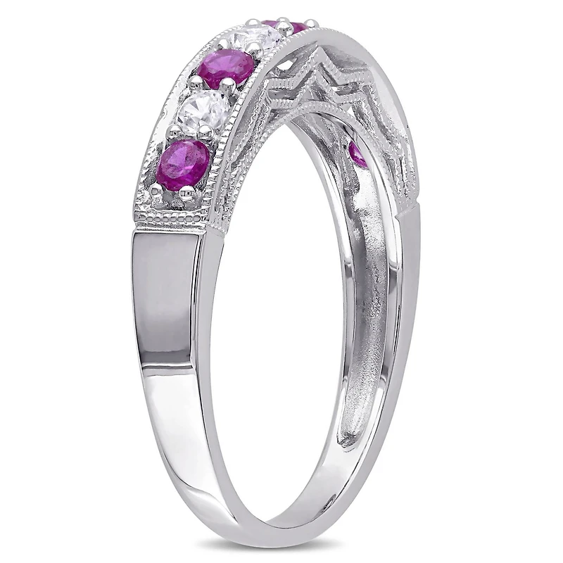 Bague d'anniversaire avec saphirs blancs synthétiques et rubis synthétiques de 0,88 ct PBT en argent sterling de Tangelo