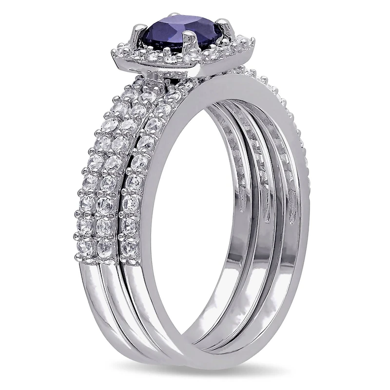 Ensemble nuptial avec saphirs bleus et blancs synthétiques d'1,50 ct PBT en argent sterling de Tangelo