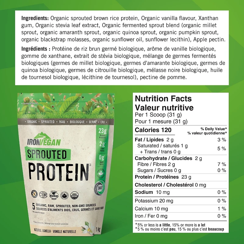 Iron Vegan Poudre Sprouted Protein Vanille Naturelle, 1 kg