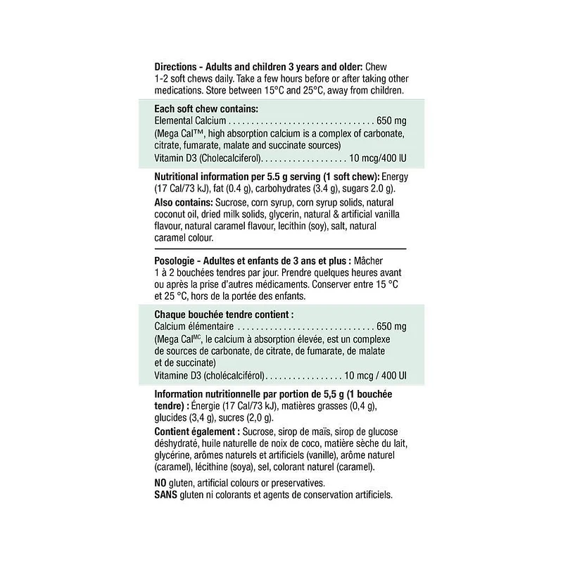 Jamieson Mega Cal Calcium 650 mg + D3 400 IU Soft Chews French Caramel Cream Flavour