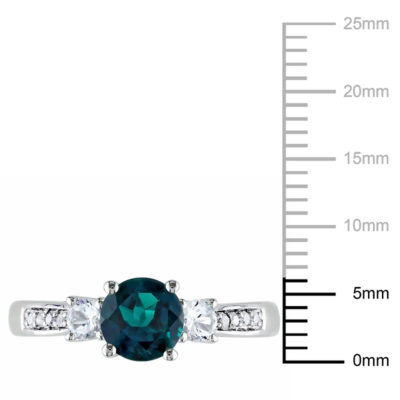 Tangelo 1.13 Carat T.G.W. Created Emerald with Created White Sapphire and Diamond Accent 10 K White Gold Three-Stone Ring