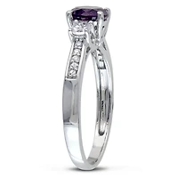 Bague à trois pierres Tangelo avec accents de diamants, saphirs blancs synthétiques et alexandrite Simulé 1,33 ct PBT en or blanc 10 k
