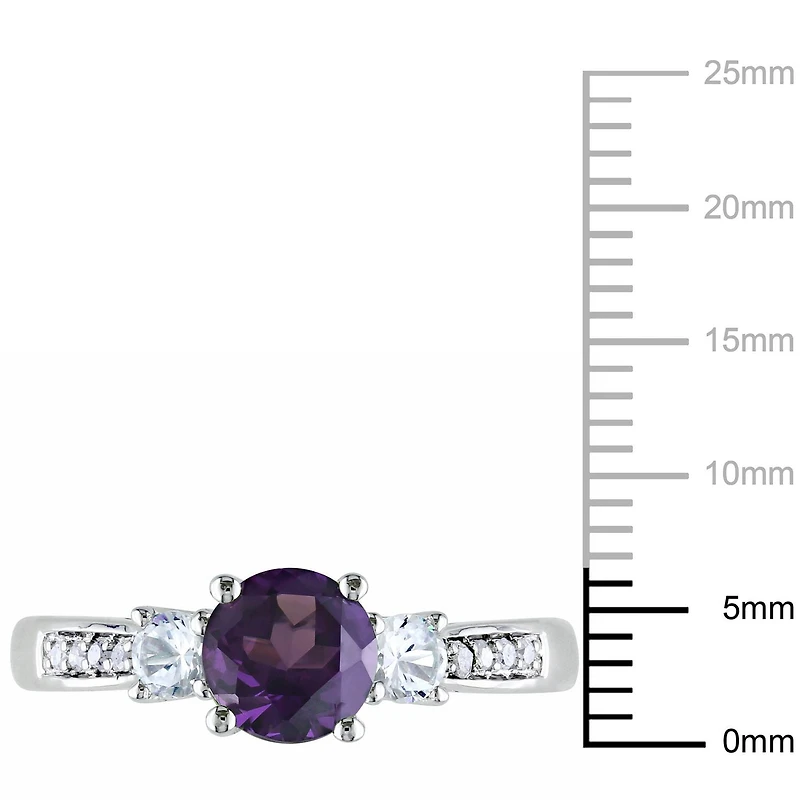 Tangelo 1.33 Carat T.G.W. Simulated Alexandrite with Created White Sapphire and Diamond-Accent 10 K White Gold Three Stone Ring