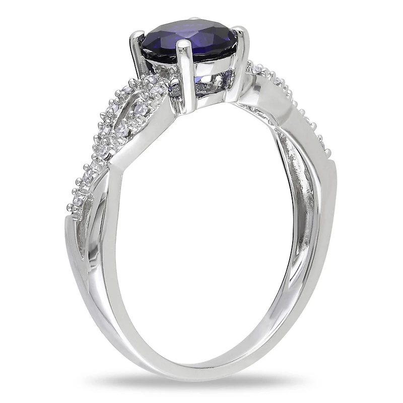 Tangelo 1 Carat T.G.W. Created Blue Sapphire and 0.10 Carat T.W. Diamond 10 K White Gold Cross-Over Ring