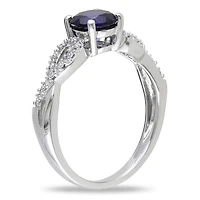 Tangelo 1 Carat T.G.W. Created Blue Sapphire and 0.10 Carat T.W. Diamond 10 K White Gold Cross-Over Ring