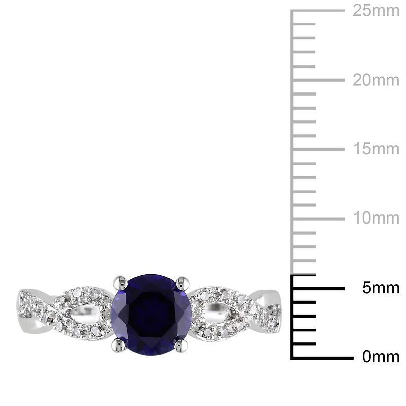 Tangelo 1 Carat T.G.W. Created Blue Sapphire and 0.10 Carat T.W. Diamond 10 K White Gold Cross-Over Ring