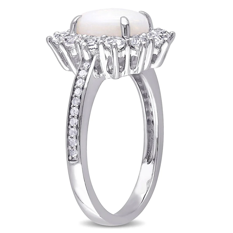 Bague en forme de auréole avec opale et topazes blanches 2 ct PBT et diamants 0,10 ct poids total, en argent sterling