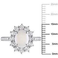 Bague en forme de auréole avec opale et topazes blanches 2 ct PBT et diamants 0,10 ct poids total, en argent sterling