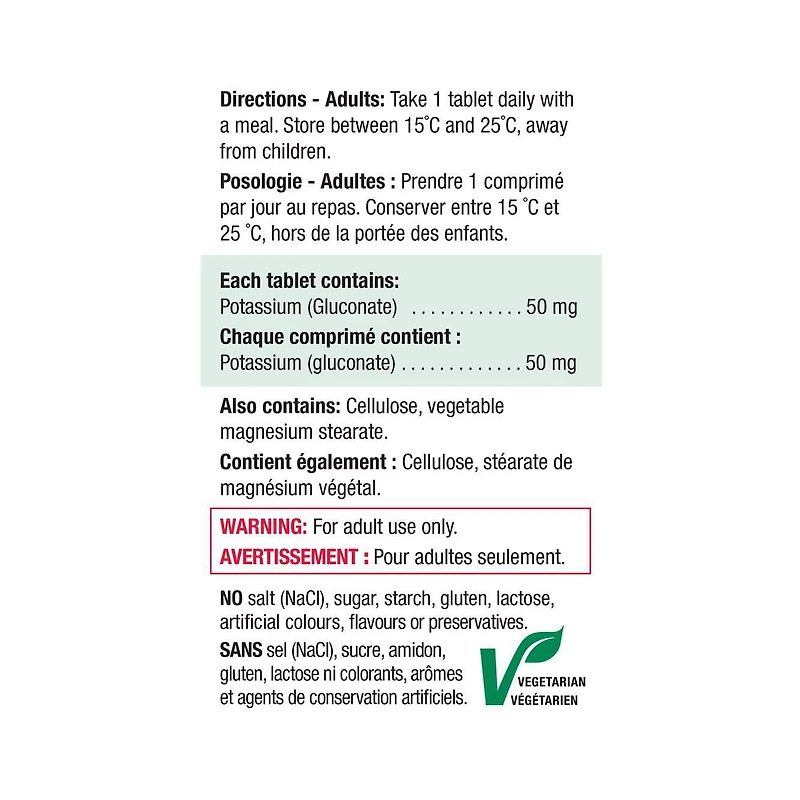 Jamieson Comprimés de Potassium 50 mg 100 comprimés