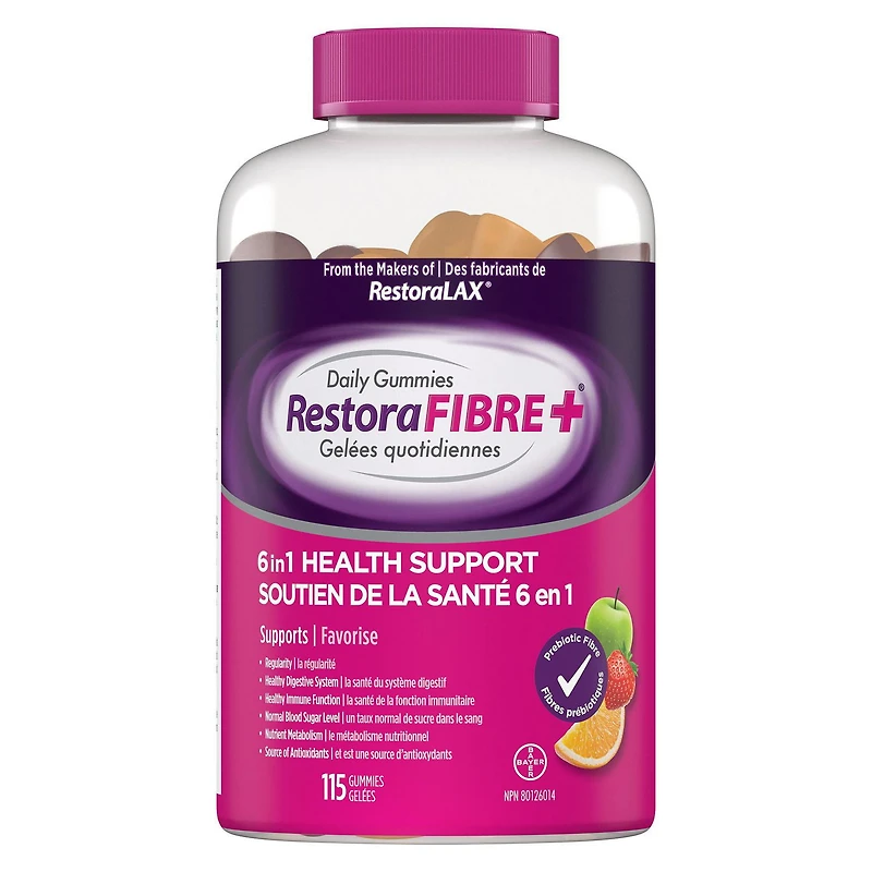 RestoraFIBRE+ Complément alimentaire quotidien en fibres prébiotiques 6 en 1 pour adultes, soutient les bienfaits pour la santé, y compris la régularité, le soulagement doux de la constipation et la 115 count