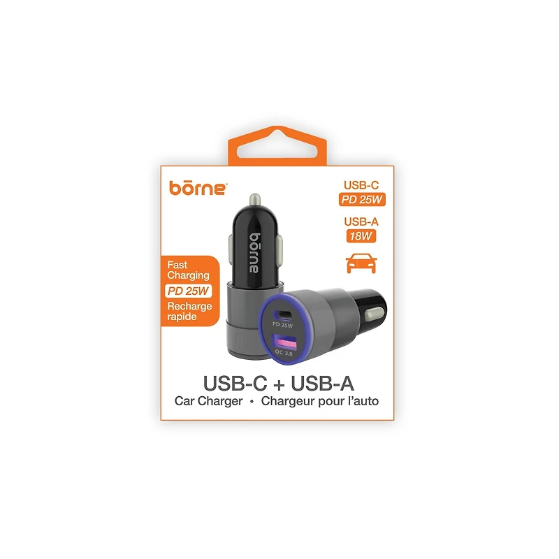 25W PD USB-C + USB-A CAR CHARGER - GREY