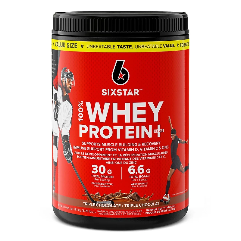 Six Star 100% Whey Protein Plus, Whey Protein Powder, Whey Protein Isolate & Peptides, Lean Protein Powder for Muscle Gain, Whey Isolate Protein Shake, Triple Chocolate, 4 lbs, 1.8 kg