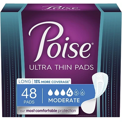 Poise Ultra Thin Incontinence Pads, 4 Drop Moderate Absorbency, Long Length, 48 Count